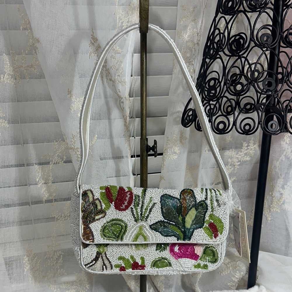 Made in India beaded vegetable white beaded shoulder bag